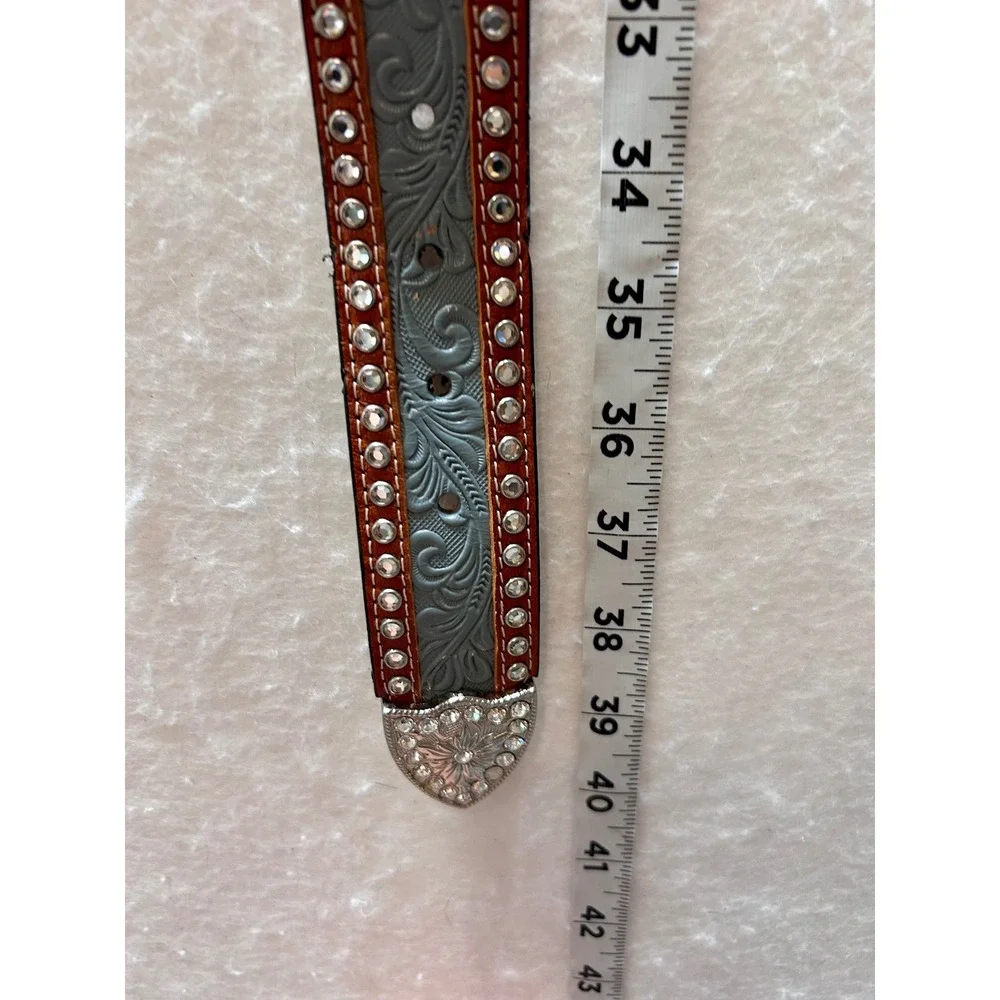3-D Belt Womens Blue Tooled Leather Rhinestone Western Cowgirl Belt Size 32 647
